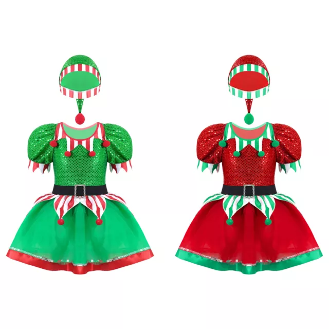 UK Kids Girls Christmas Santa Claus Elf Party Costume Set Xmas Tutu Dress +Hat