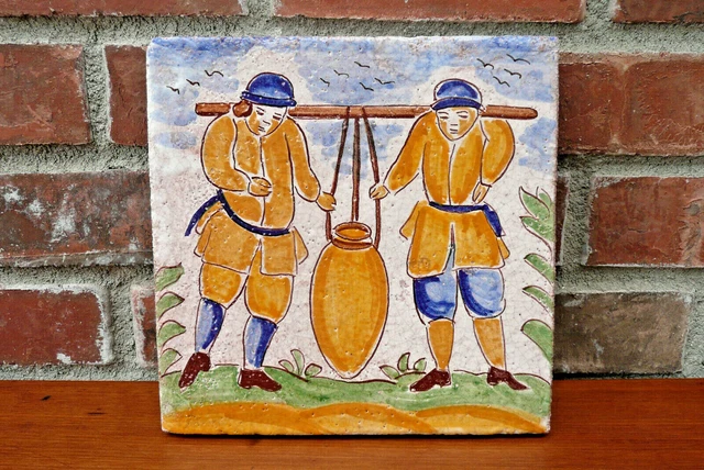 Vintage Polychrome Faience Hand Painted Dutch Scene Pottery Tile 9-3/8" ~ VG