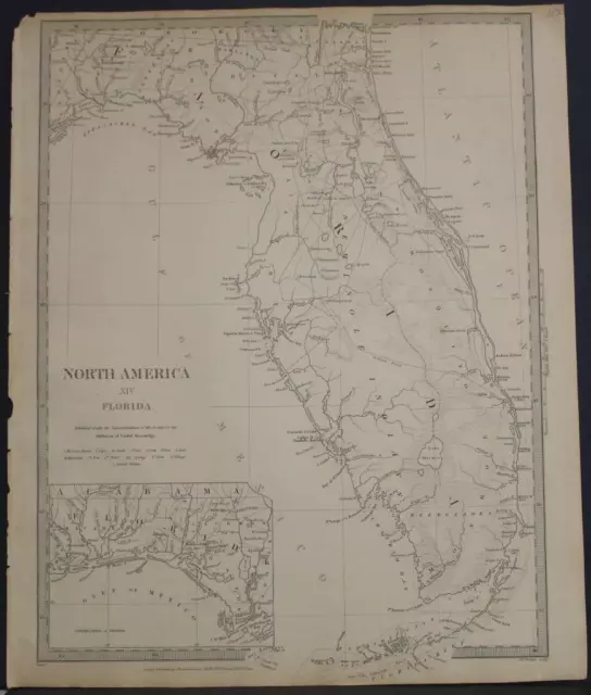 Florida United States 1834 S.d.u.k. Unusual Antique Original Steel Engraved Map
