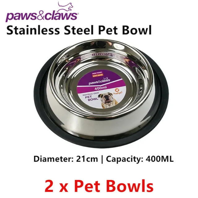 2 x Non Skid Stainless Steel Pet Food Bowls Dish Dog Cat Puppy Water Feeder Slip
