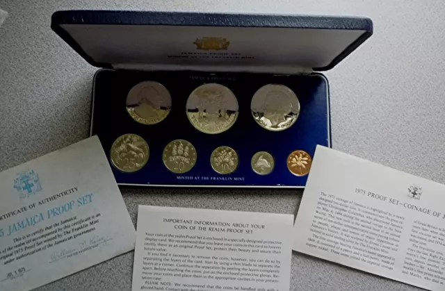 1975 JAMAICA - OFFICIAL PROOF SET (8) - w/ 2 Oz SILVER CROWNS - ORIG. PKG, COA