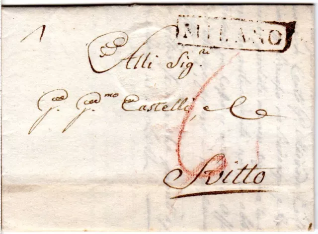 Lombardei 1825, R1 MILANO auf Porto Brief n. Svitto Schwyz, Schweiz