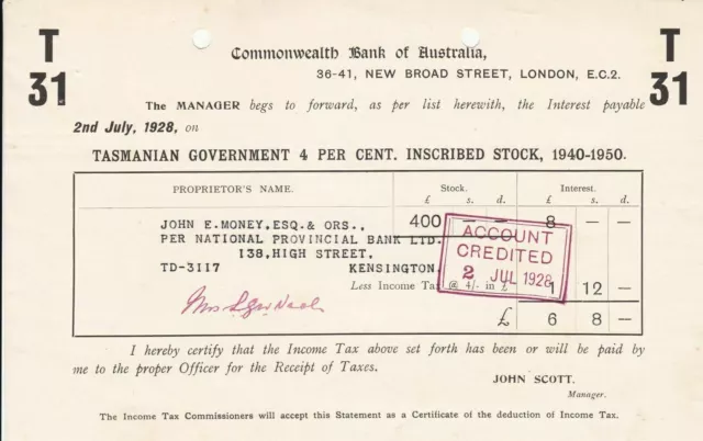 COMMONWEALTH BANK OF AUSTRALIA London 1928 Inscribed Stock Statement Ref 46012
