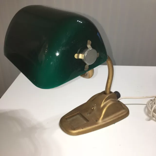 Vintage Bankers Desk Lamp With Green Glass Shade