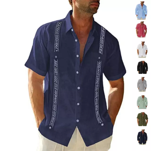 Men's Guayabera Cuban Beach Wedding Button-Up Casual Short Sleeve Dress Shirt