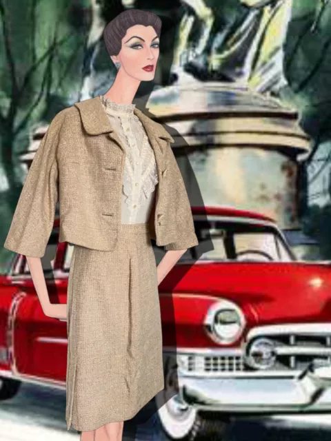 Crazy Cute Classic Silhouette 1950's Wool Mad Men Cream 2 Piece Skirt Suit Set w