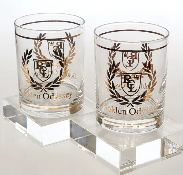 2 Royal Cruise Line Golden Odyssey RCL gold trim rocks whiskey cocktail glasses