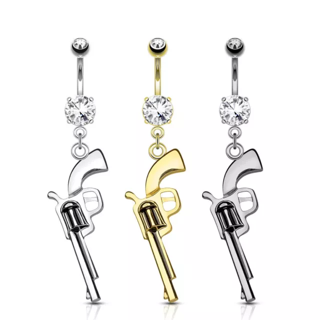 Gun Dangle CZ Prong Set Western CZ Surgical Steel Belly Ring Pierced Navel