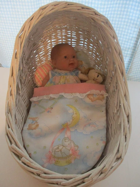 Berenguer Doll 5" with Vintage Wicker Bassinet Handmade Clothes and Bed Linens