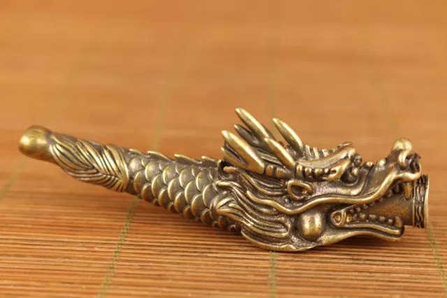 Chinese Exquisite Old Copper Hand Carved Dragon Statue Pipe Smoking Tool