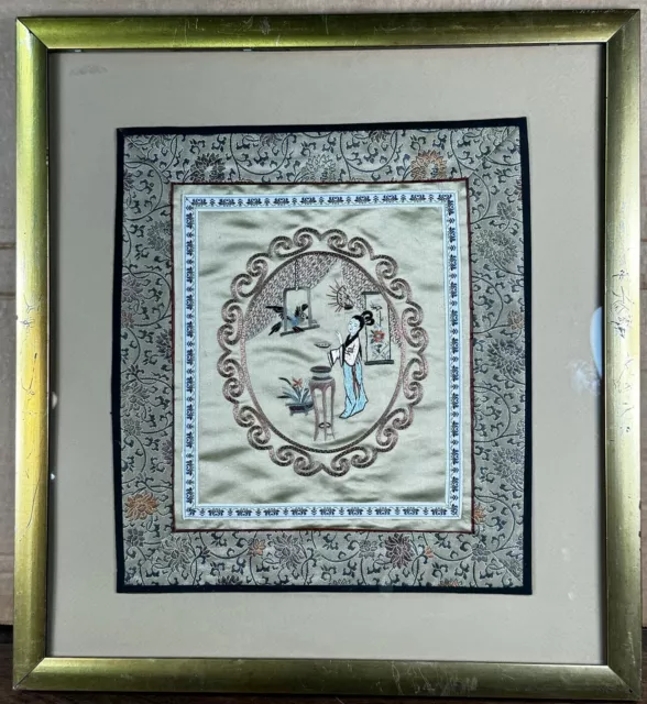 Oriental Style Framed Hand Embroidered Silk Art