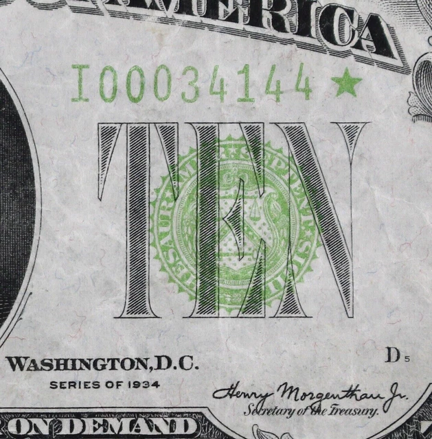Rare $10 1934 Star Light Vivid Yeliow-Green FRN I00034144* plain series MN I9