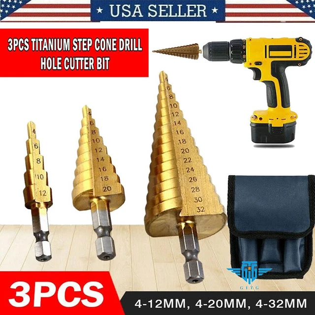 3Pcs Drill Bit Set Titanium Nitride Coated Steel Step Quick Change 1/4 Shank MM