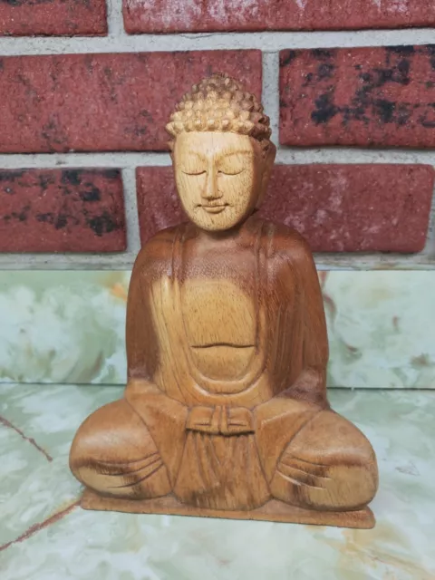 Wood chinese hand carved Shakyamuni Buddha Statue Figure 9" Tall ~ Nice Detail