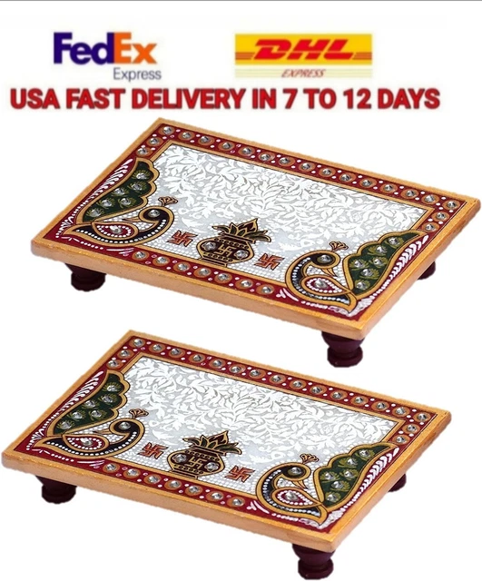 Marble Puja Chowki | Hand-Painted Kalash Peacock Art Design for God Idols - 2 pc