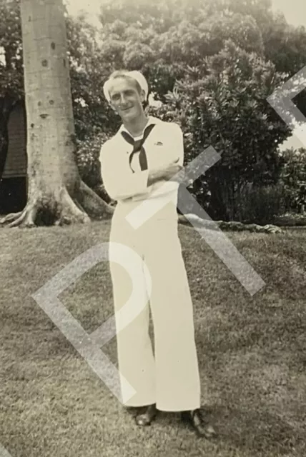 Vintage Photo Handsome Young Man Navy Sailor In Uniform Arms Crossed 1940s