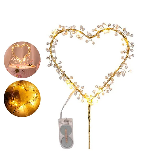 Love Heart Pearl Cake Toppers with LED Light for Birthday Wedding Anniversary Pa