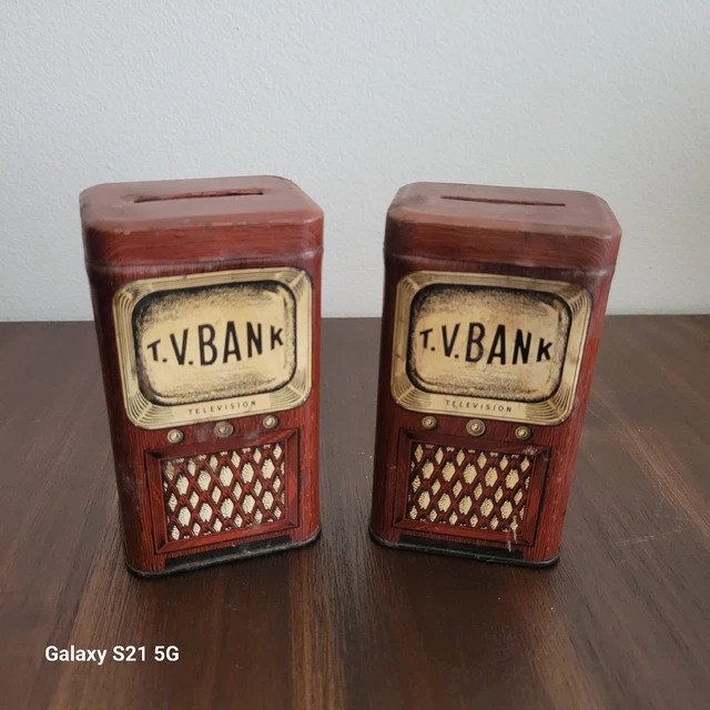 Vtg TV Bank coin Advertising Television Advertising tin Amboy IL (2)
