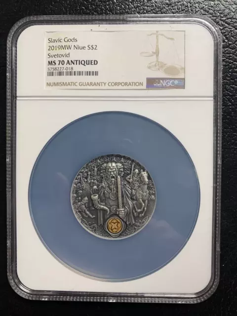 Slavic Gods Niue Islands $2, 2019 SVETOVID 2oz Silver Coin NGC MS70 Antiqued 7K