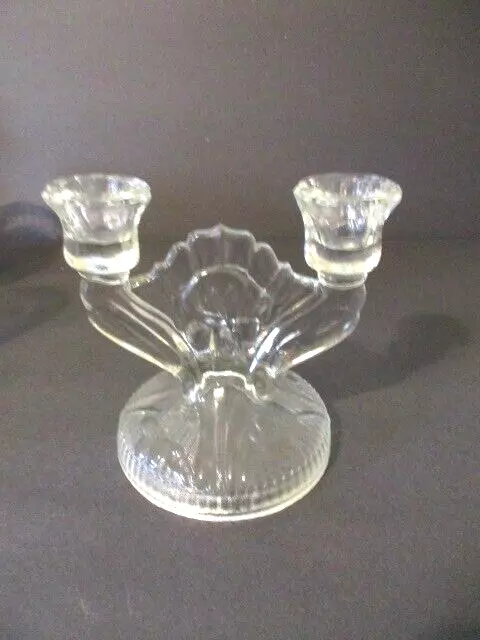 Vintage Jeannette Clear Glass Iris Herringbone Double Candle Holder