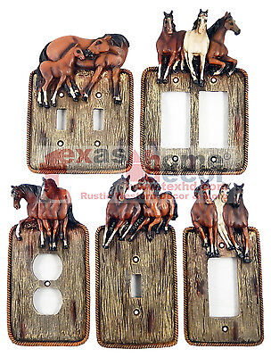 Western Running Horses Light Switch Plate Covers Faux Wood Look Rope Edge Outlet