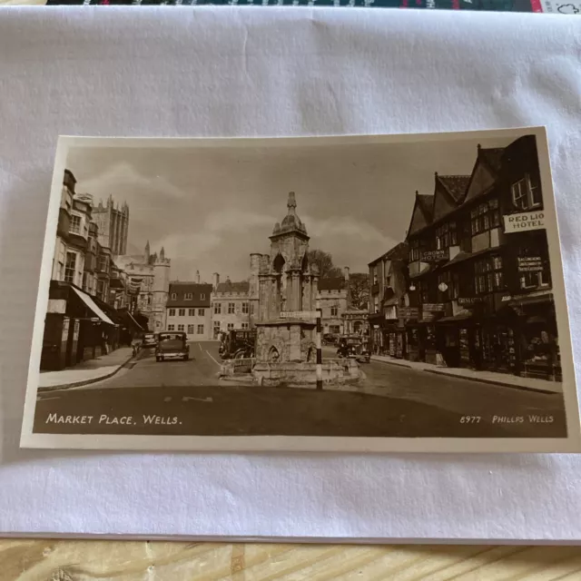 The Market Place Wells Somerset 1947 RP Postcard 8977 Phillips Wells Old Cars