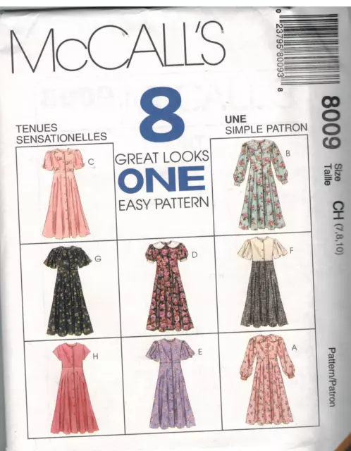 8009 UNCUT McCalls Vintage Sewing Pattern Girls Front Button  Empire Waist Dress