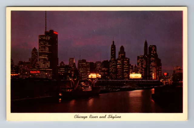 Chicago IL-Illinois, Chicago River & Skyline at Night, Antique Vintage Postcard