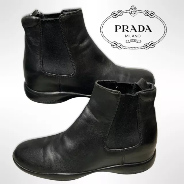 $795+ PRADA Sport Black leather Chelsea Ankle Boots Women's Flat EU 37.5; US 7.5