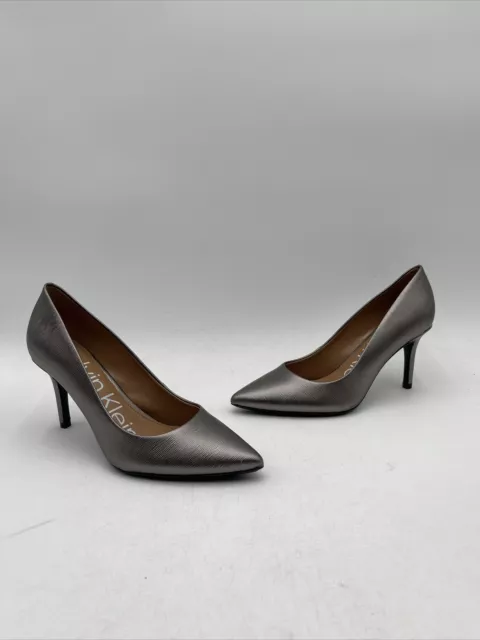 Calvin Klein  Womens Gayle Pointed Toe Evening Pumps Gray Leather Size 6.5 M