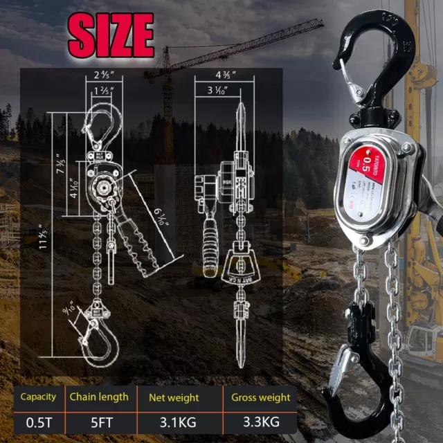 Chrome Mini Lever Block 1/2 Ton 1100lbs, Come Along Manual Chain Hoist, 1.5M 5FT 3