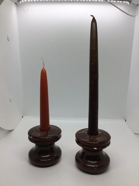 Vintage Set Of Two (2) Peirce 355 Brown Round Ceramic Spool Insulator - 3” X 3”