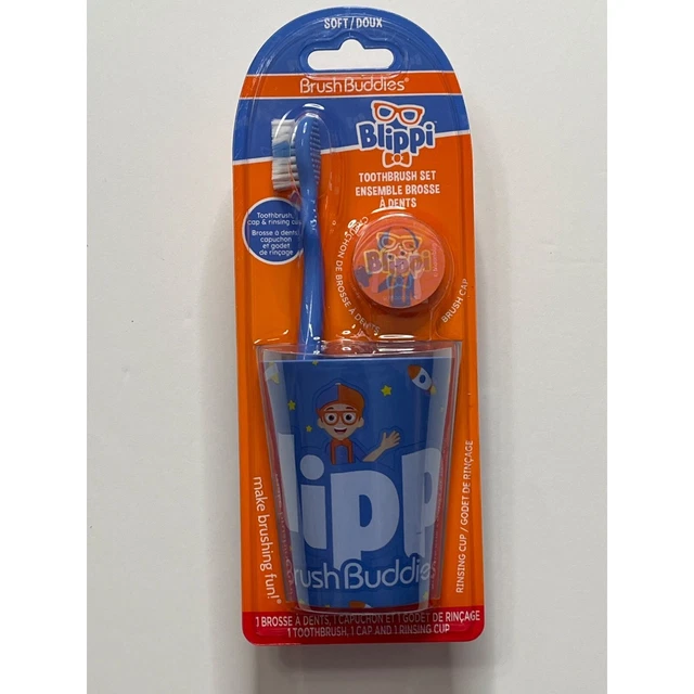 Blippi Toothbrush Set Brush Buddies Cap Rinsing Cup Manual Soft Gift Blue White