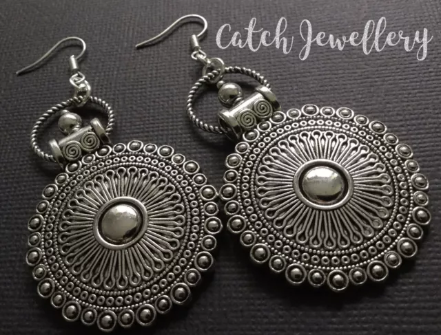 Tibetan SILVER Ethnic Swirl Disc Drop Dangle Oversized earrings Boho Gypsy