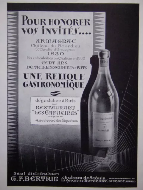 Publicité De Presse 1932 Armagnac Château Du Bourdieu Relique Gastronomique