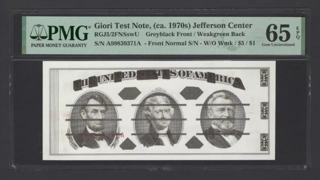 Giori Test Note,(ca. 1970s) Jefferson Center "Without Wmk" Uncirculated Grade 65