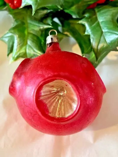 Antique POLAND Blown Mercury Glass PINK RED Reflector INDENT Christmas Ornament