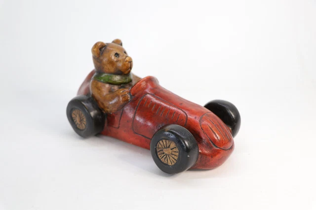 Vintage Ceramic Hand Painted Teddy Bear In Red Racing Car Wearing A Green Scarf