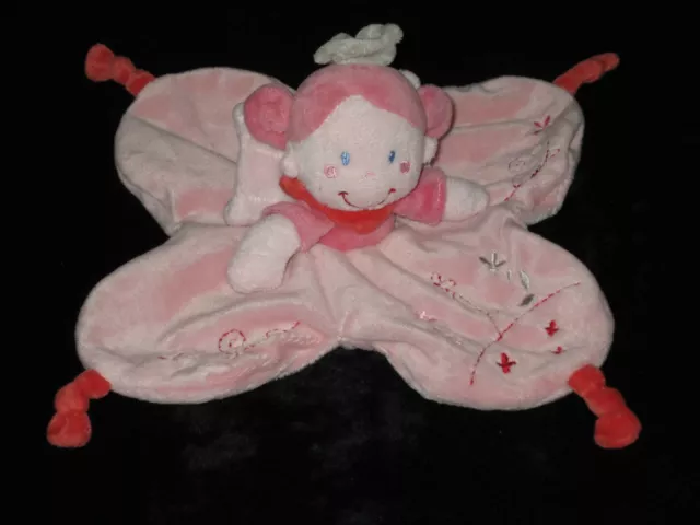 Doudou Grelot Hochet Princesse Fée Fille rose rouge fleurs brodées Nicotoy Kiabi