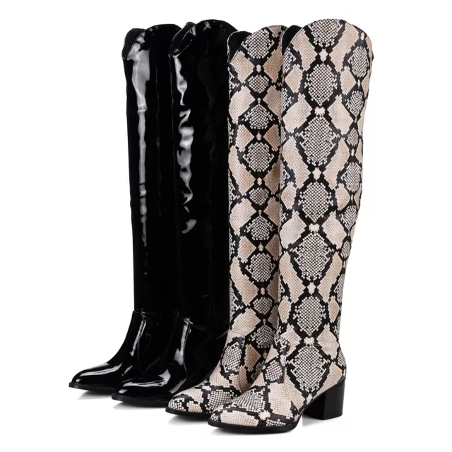 Women's Knee High Boots Python/Black Patent Leather Pointed Toe Block Heel Shoes