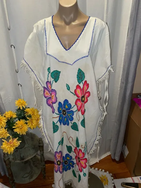 Vintage Kaftan long embroidered cotton gauze dress Made in Honduras STUNNING!!