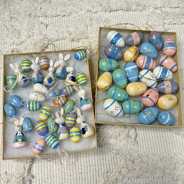 Vintage 54 Miniature Wooden Easter Tree Ornaments Eggs & Bunnies Bunny Wood