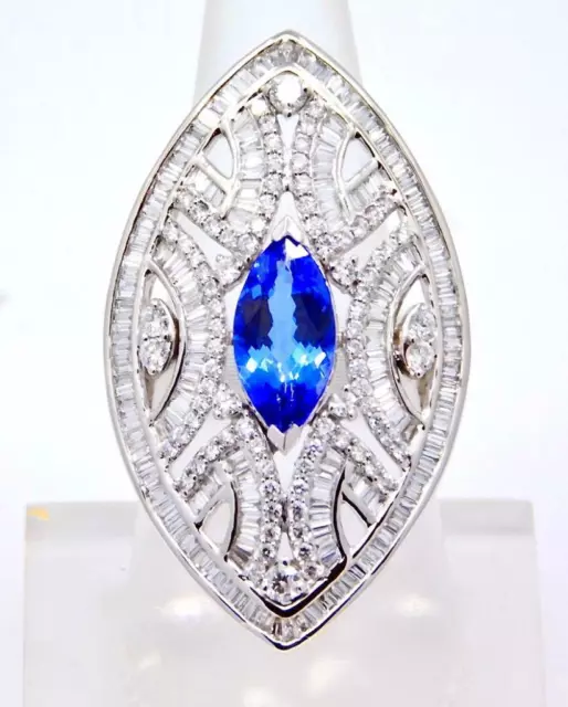 Fabulous Large 14K White Gold Marquise Shape Tanzanite Diamond Statement Ring