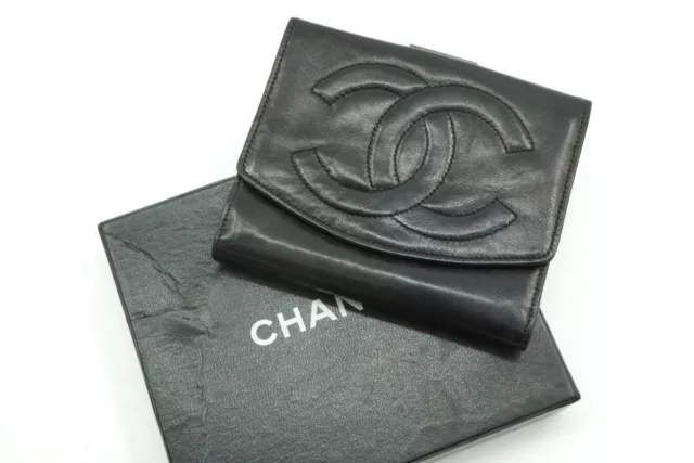 CHANEL Bi-Pliable Portefeuille Coco Mark Cc Compact Cuir D'Agneau Noir 8199k