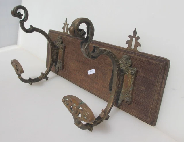 Victorian Wooden Coat Rack Hat Hangers Brass Hooks Old Wood French 16"W
