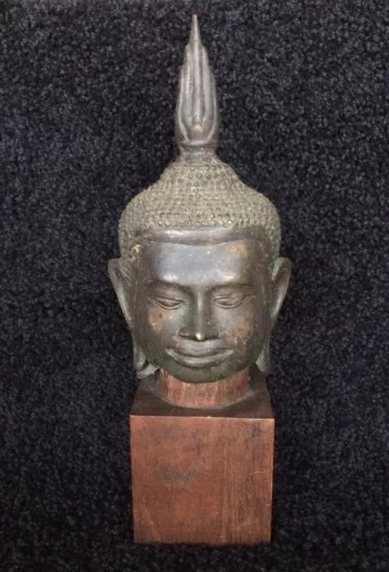 Buddha Bust ~ Antique Thai Bronze Head on a Wood Stand