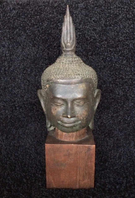 Buddha Bust ~ Antique Thai Bronze Head on a Wood Stand