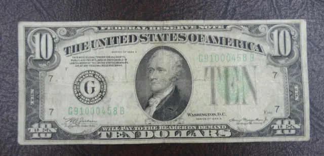 1934 A $10 Ten Dollar Bill Green Seal Circulated United State Note Currency