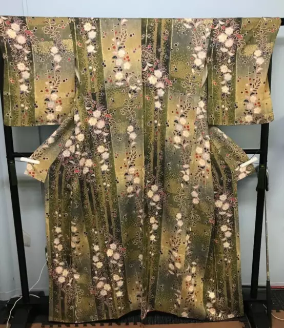 Giapponese Kimono Seta Houmoungi Vintage Tradizionale Fiore Motivo Tè Verde
