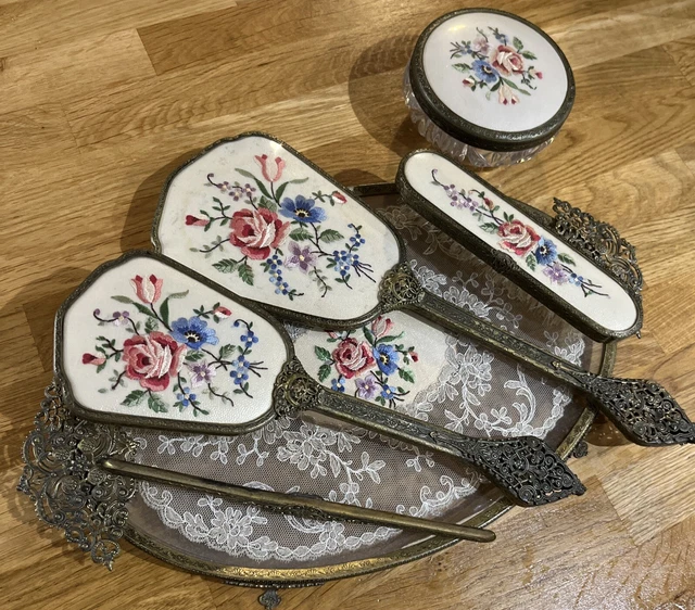 VINTAGE 1950S DRESSING Table Tray Set Filigree Embroidered Flowers Gilt